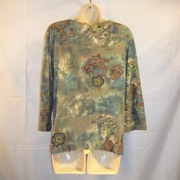 Sonoma Life + Style Womens Top Blouse Size Large Floral Sequins Casual Blue Tan - Picture 2 of 6